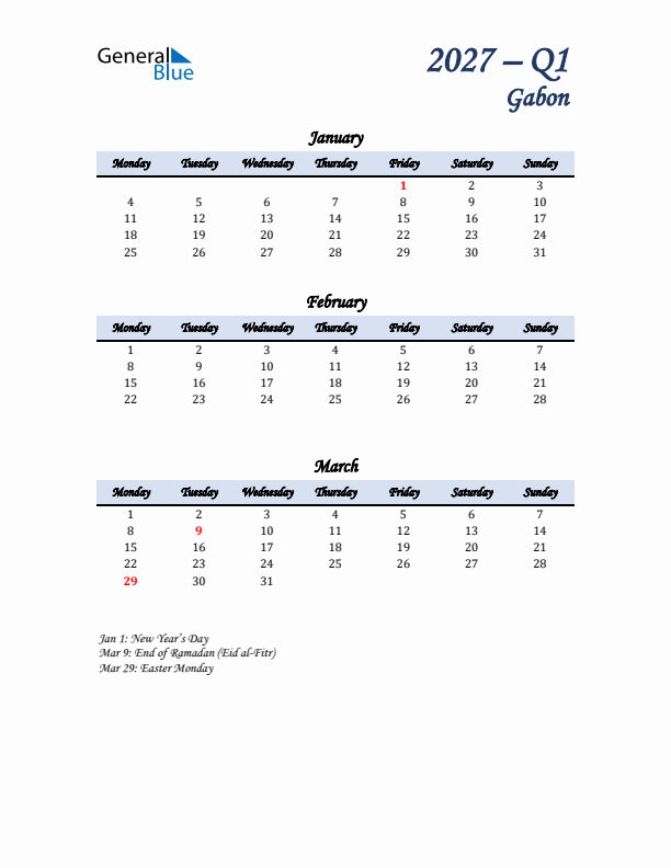 January, February, and March Calendar for Gabon with Monday Start