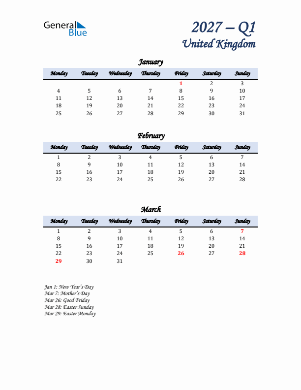 January, February, and March Calendar for United Kingdom with Monday Start