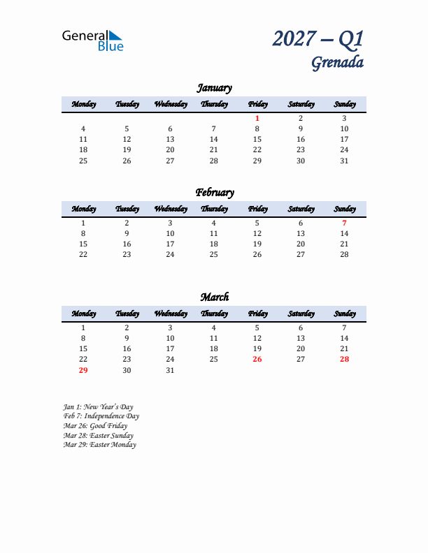 January, February, and March Calendar for Grenada with Monday Start