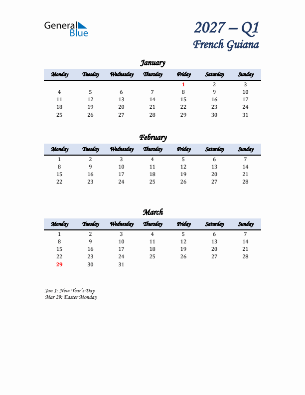 January, February, and March Calendar for French Guiana with Monday Start