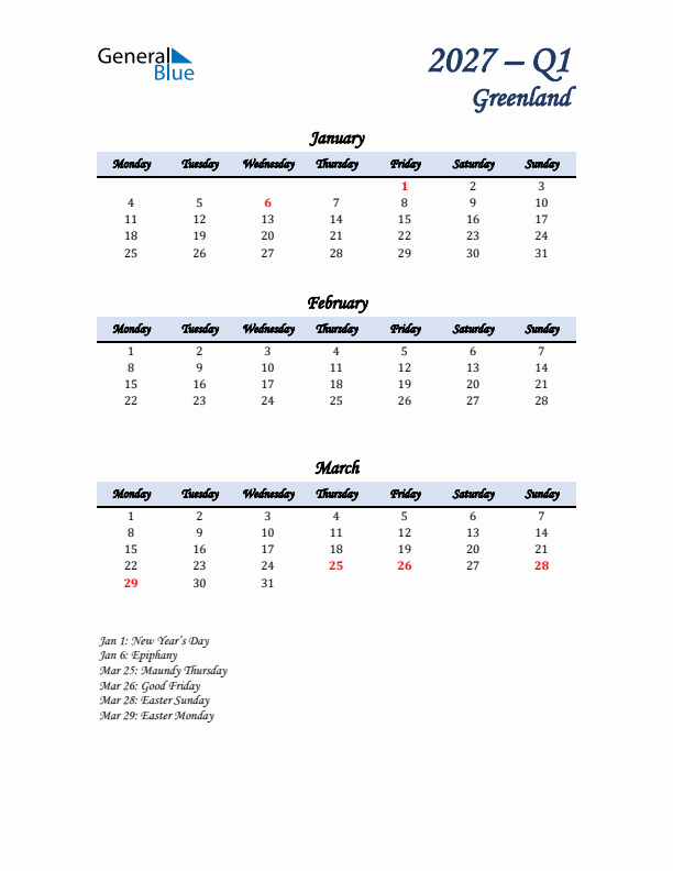 January, February, and March Calendar for Greenland with Monday Start