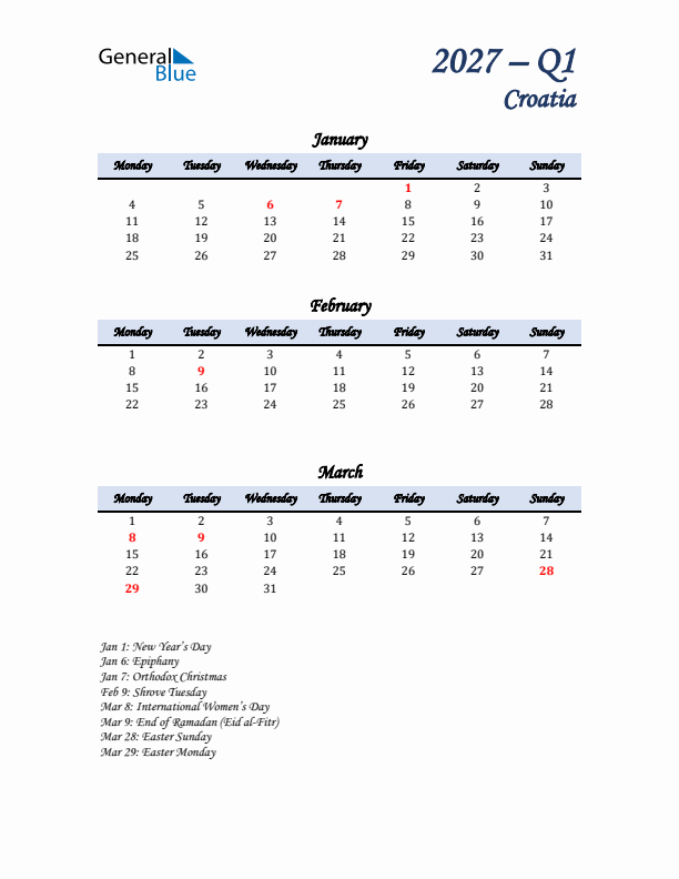 January, February, and March Calendar for Croatia with Monday Start