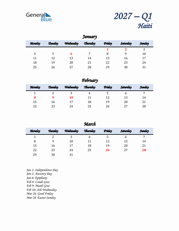 January, February, and March Calendar for Haiti with Monday Start