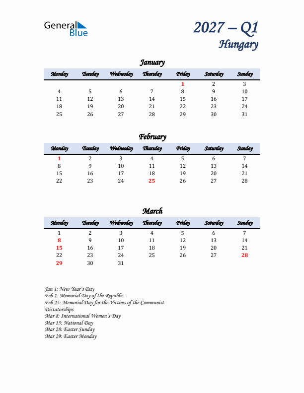 January, February, and March Calendar for Hungary with Monday Start