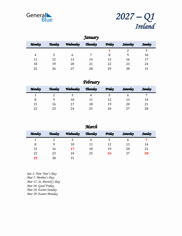 January, February, and March Calendar for Ireland with Monday Start