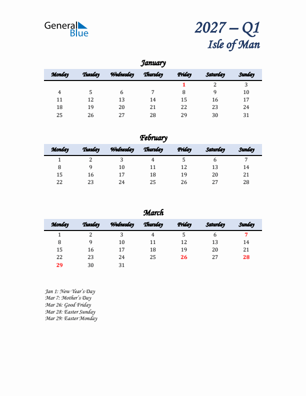 January, February, and March Calendar for Isle of Man with Monday Start