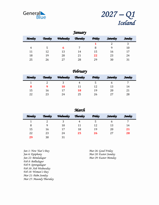 January, February, and March Calendar for Iceland with Monday Start