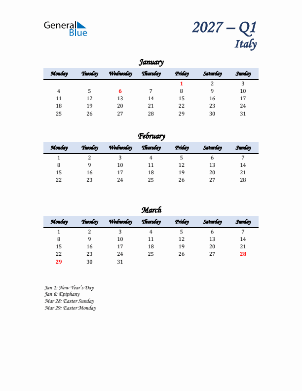 January, February, and March Calendar for Italy with Monday Start