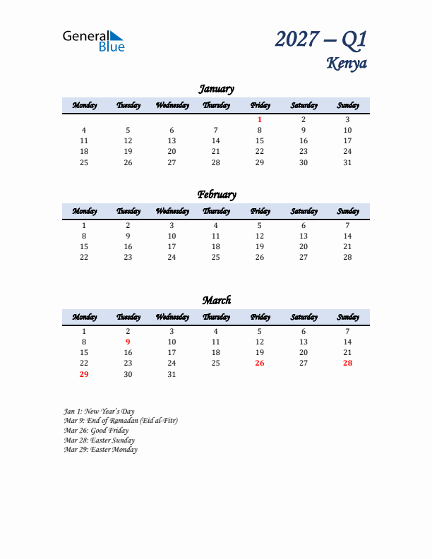 January, February, and March Calendar for Kenya with Monday Start