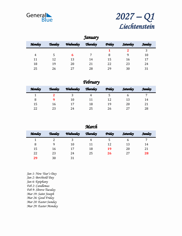 January, February, and March Calendar for Liechtenstein with Monday Start