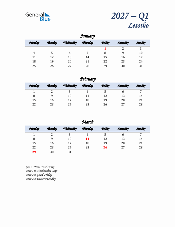 January, February, and March Calendar for Lesotho with Monday Start