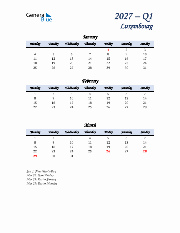 January, February, and March Calendar for Luxembourg with Monday Start