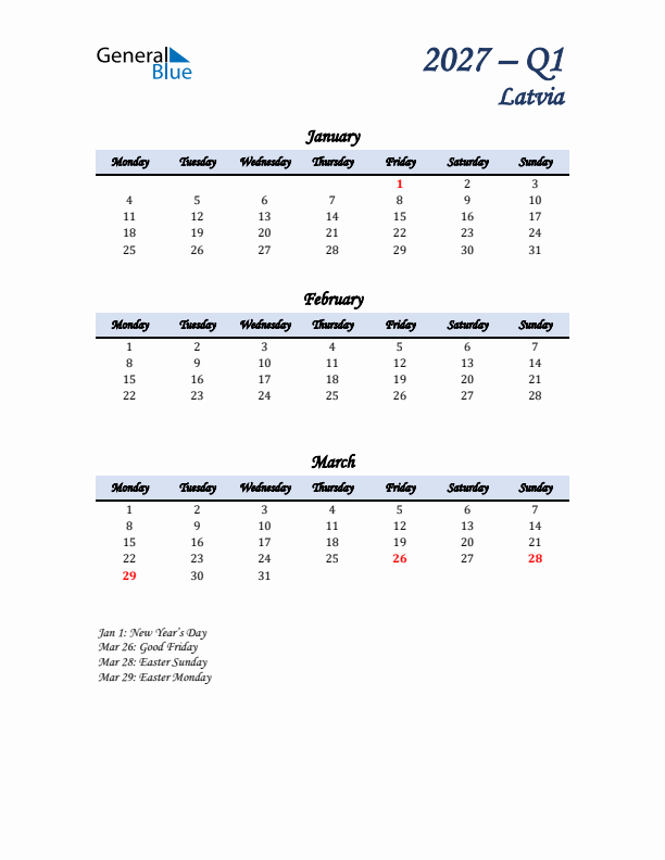 January, February, and March Calendar for Latvia with Monday Start