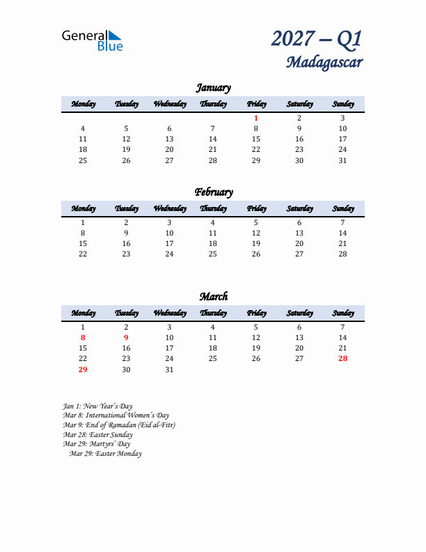 January, February, and March Calendar for Madagascar with Monday Start