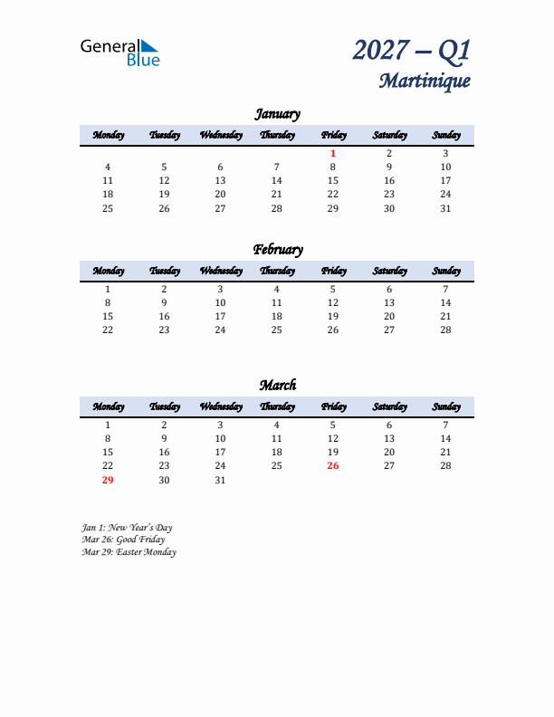 January, February, and March Calendar for Martinique with Monday Start