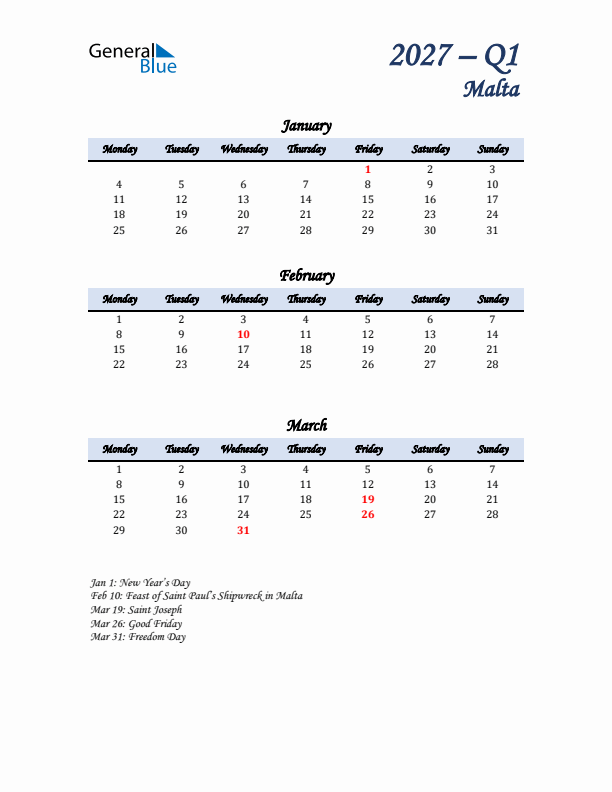 January, February, and March Calendar for Malta with Monday Start