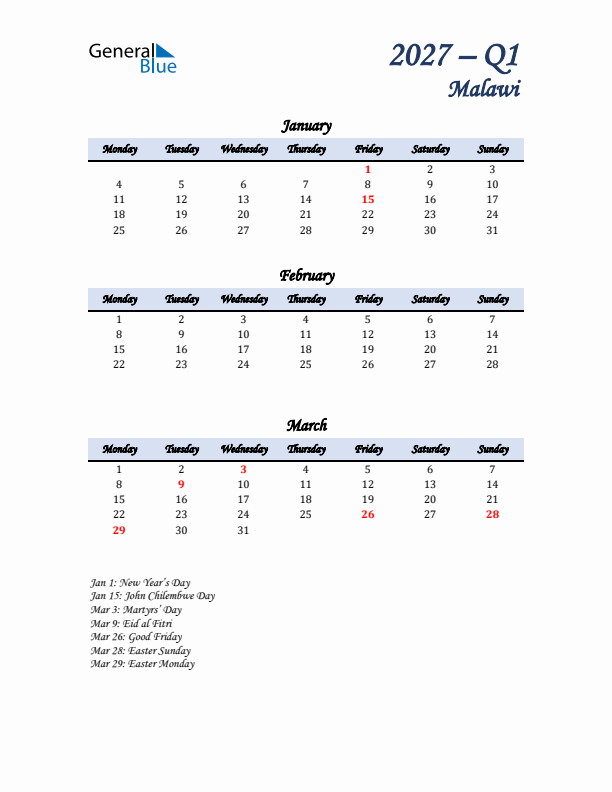 January, February, and March Calendar for Malawi with Monday Start