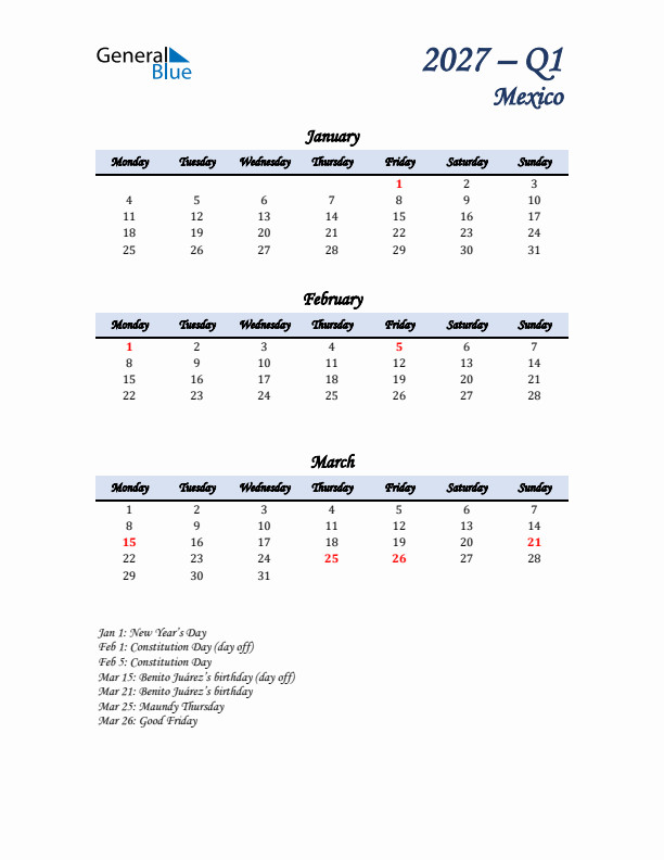 January, February, and March Calendar for Mexico with Monday Start