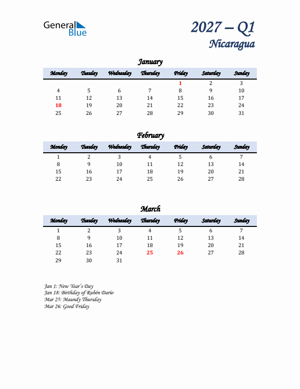 January, February, and March Calendar for Nicaragua with Monday Start