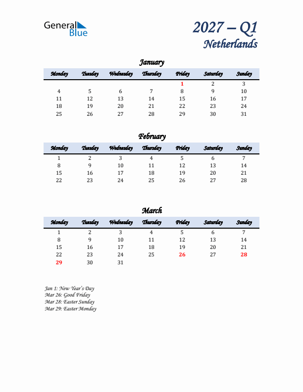 January, February, and March Calendar for The Netherlands with Monday Start