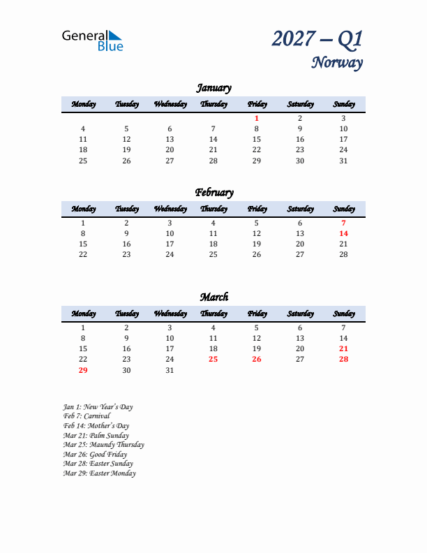 January, February, and March Calendar for Norway with Monday Start