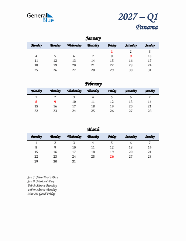 January, February, and March Calendar for Panama with Monday Start