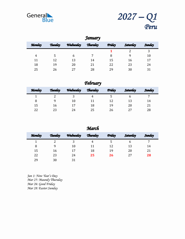 January, February, and March Calendar for Peru with Monday Start