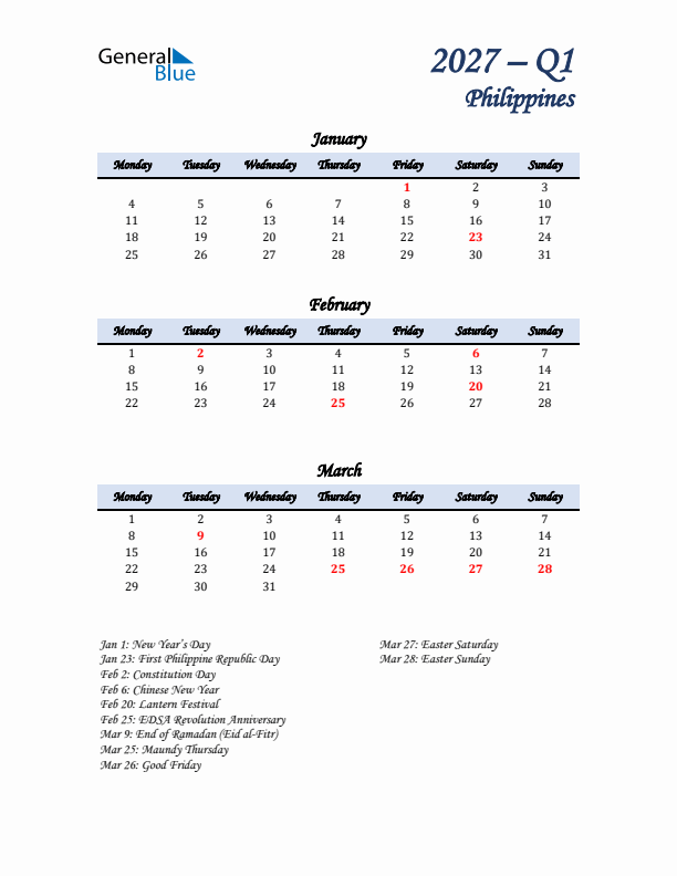 January, February, and March Calendar for Philippines with Monday Start