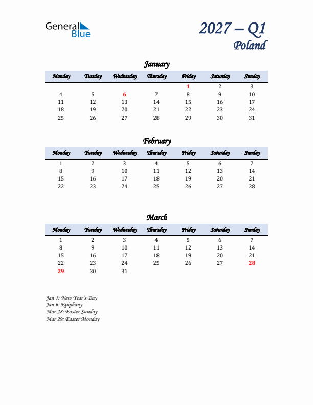 January, February, and March Calendar for Poland with Monday Start