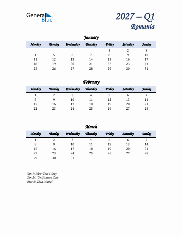 January, February, and March Calendar for Romania with Monday Start