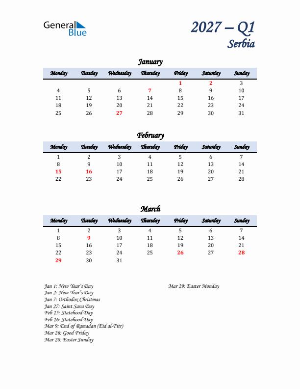 January, February, and March Calendar for Serbia with Monday Start