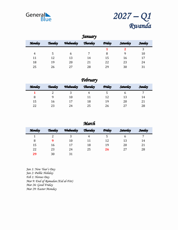 January, February, and March Calendar for Rwanda with Monday Start