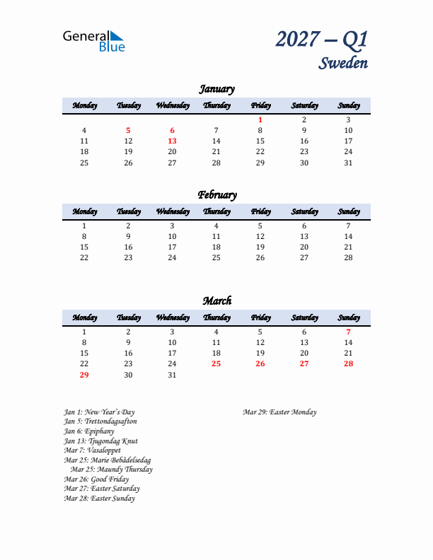 January, February, and March Calendar for Sweden with Monday Start