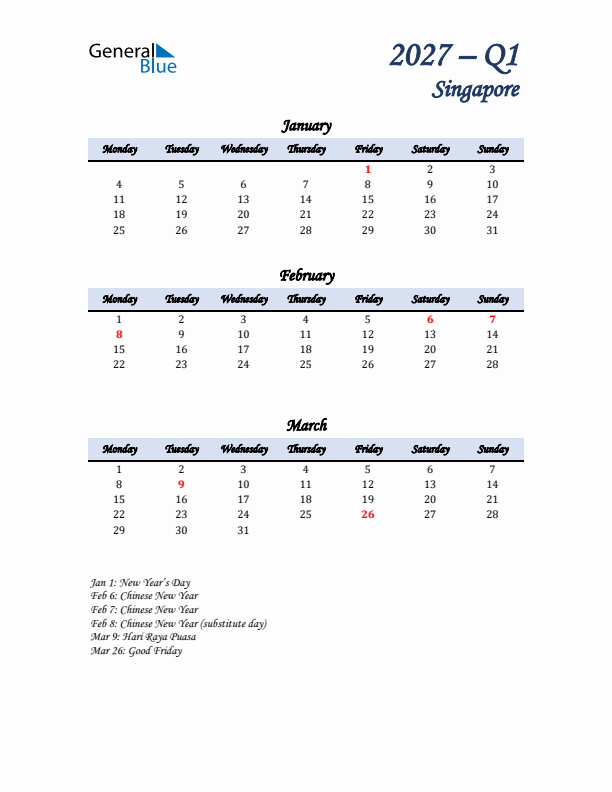 January, February, and March Calendar for Singapore with Monday Start