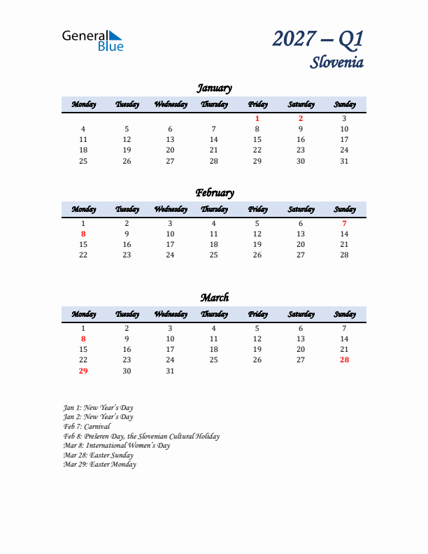 January, February, and March Calendar for Slovenia with Monday Start