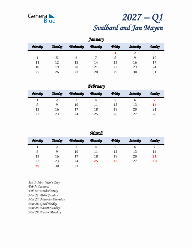 January, February, and March Calendar for Svalbard and Jan Mayen with Monday Start