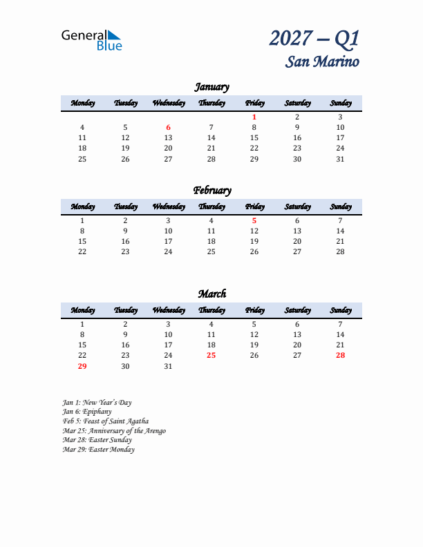 January, February, and March Calendar for San Marino with Monday Start