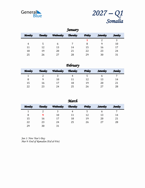 January, February, and March Calendar for Somalia with Monday Start