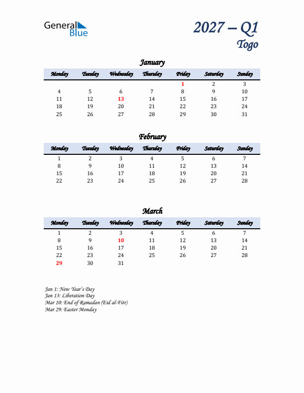 January, February, and March Calendar for Togo with Monday Start