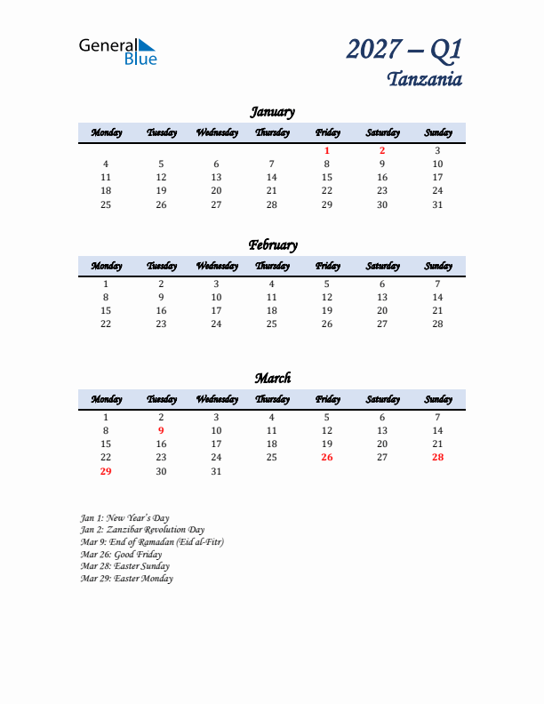 January, February, and March Calendar for Tanzania with Monday Start