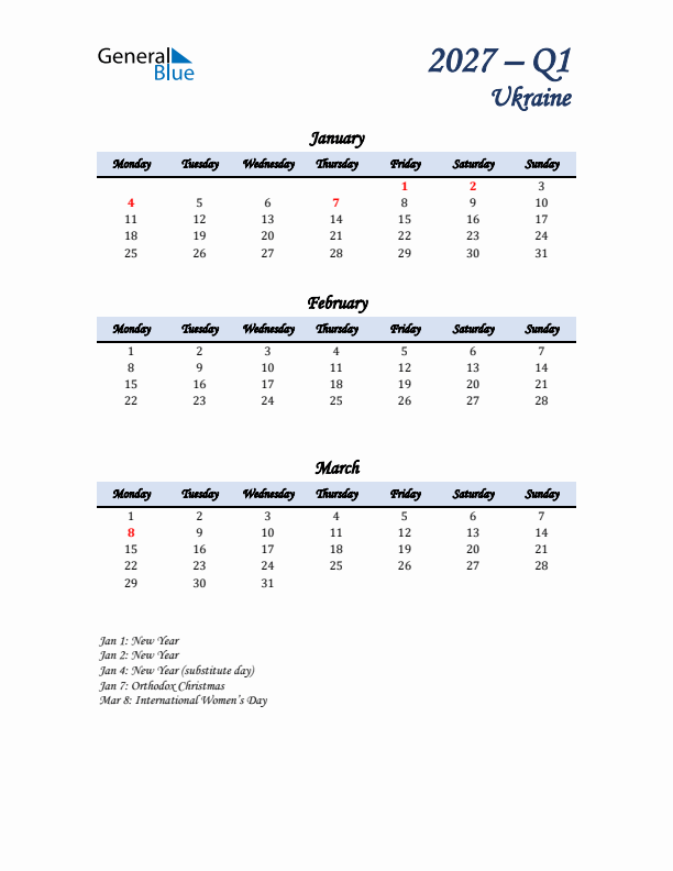 January, February, and March Calendar for Ukraine with Monday Start