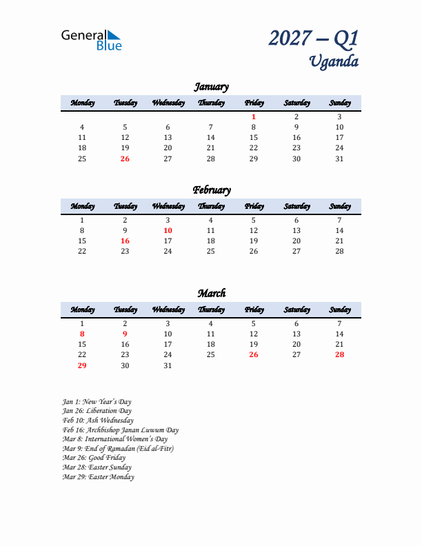 January, February, and March Calendar for Uganda with Monday Start