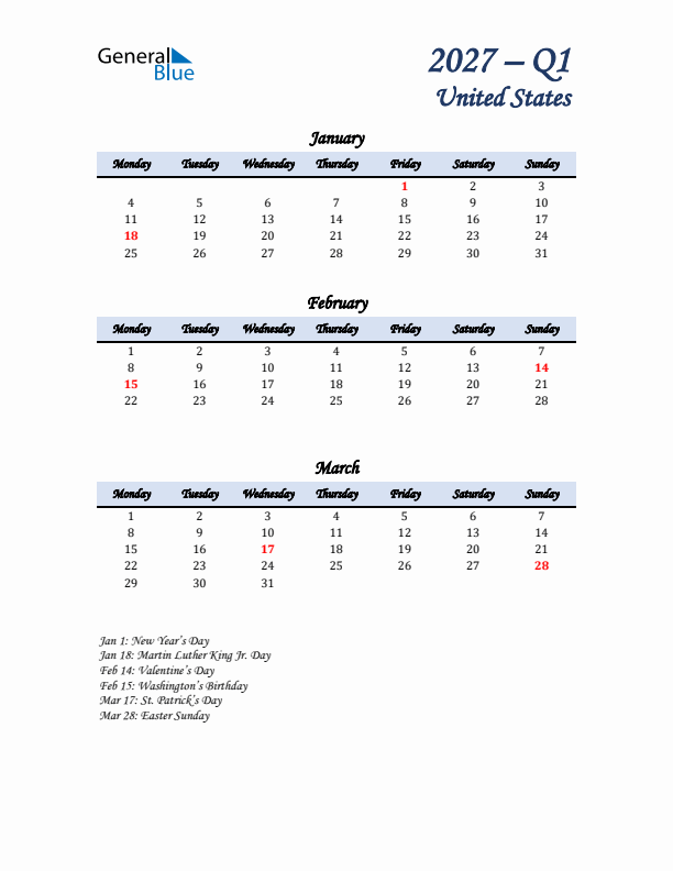 January, February, and March Calendar for United States with Monday Start