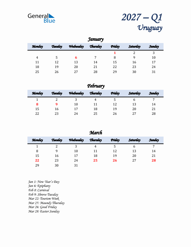 January, February, and March Calendar for Uruguay with Monday Start