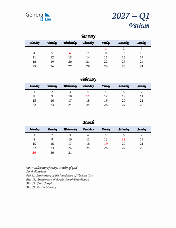 January, February, and March Calendar for Vatican with Monday Start