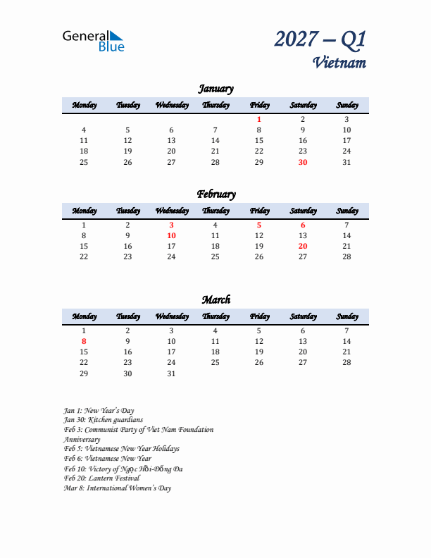 January, February, and March Calendar for Vietnam with Monday Start