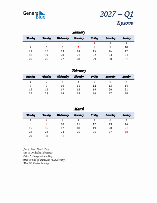 January, February, and March Calendar for Kosovo with Monday Start