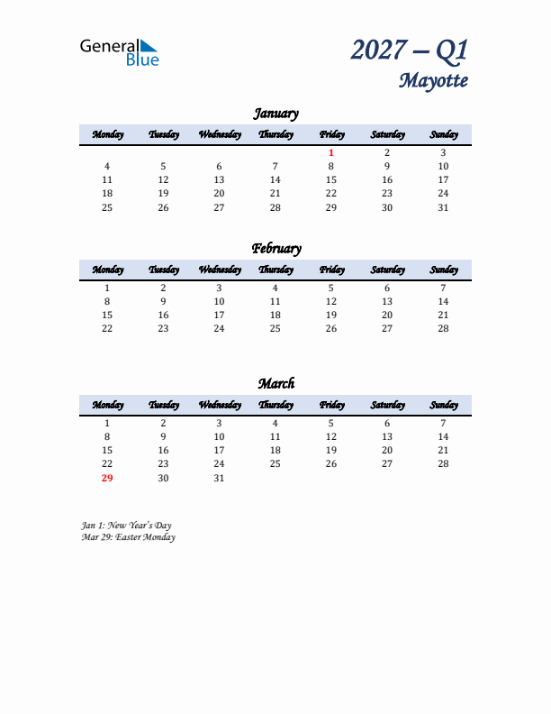 January, February, and March Calendar for Mayotte with Monday Start