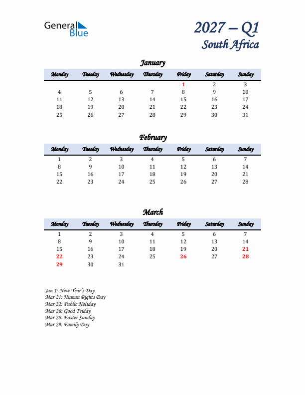 January, February, and March Calendar for South Africa with Monday Start