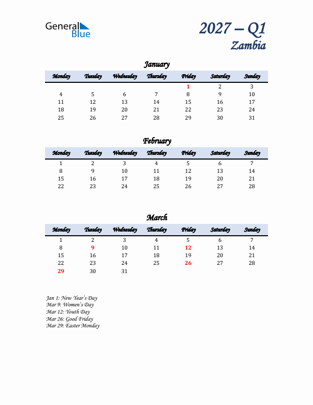 January, February, and March Calendar for Zambia with Monday Start